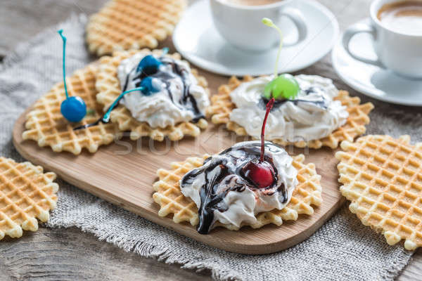 Stock photo: Belgian waffles with whipped cream and chocolate topping