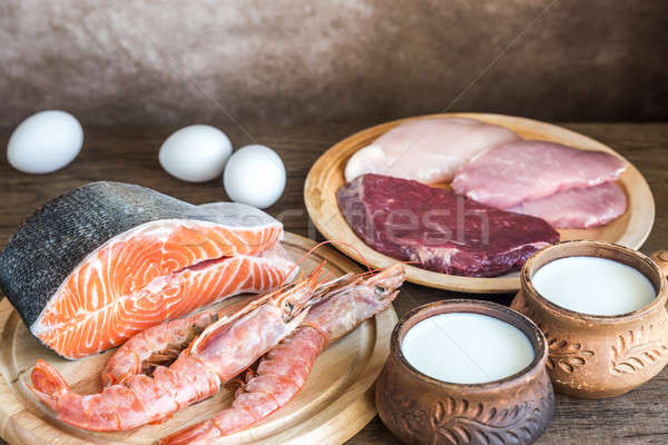 Protein diet: raw products on the wooden background Stock photo © Alex9500