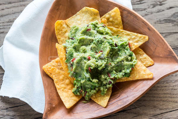 Guacamole with tortilla chips on the wooden background Stock photo © Alex9500