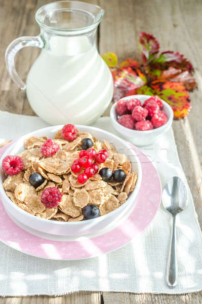 Teljes kiőrlésű granola tej friss bogyók piros Stock fotó © Alex9500