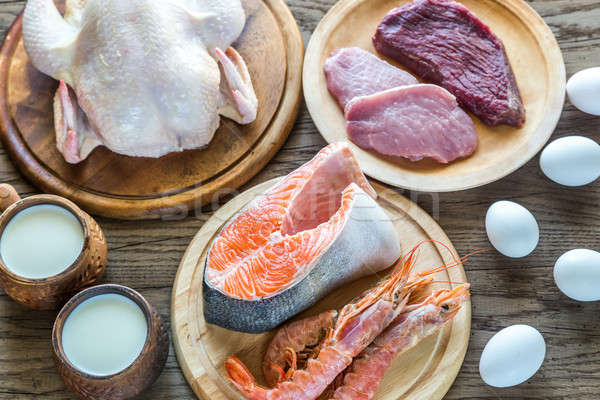 Protein diet: raw products on the wooden background Stock photo © Alex9500