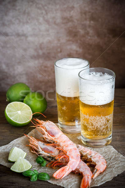 Shrimps with glasses of beer Stock photo © Alex9500