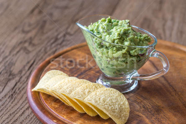 Guacamole with chips on the wooden board Stock photo © Alex9500