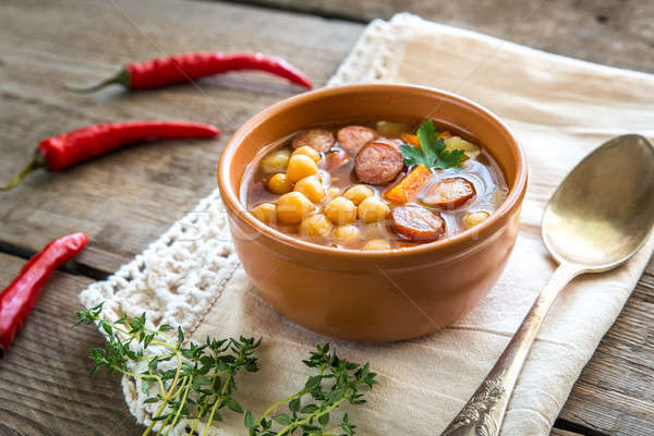 Soup with chickpeas and smoked sausage Stock photo © Alex9500