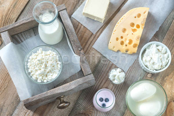 Válogatás tejtermékek étel üveg asztal csoport Stock fotó © Alex9500
