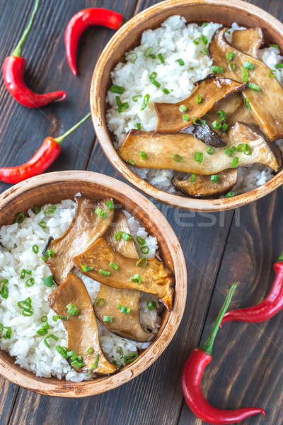 Bowls of rice with teriyaki king oyster mushrooms Stock photo © Alex9500
