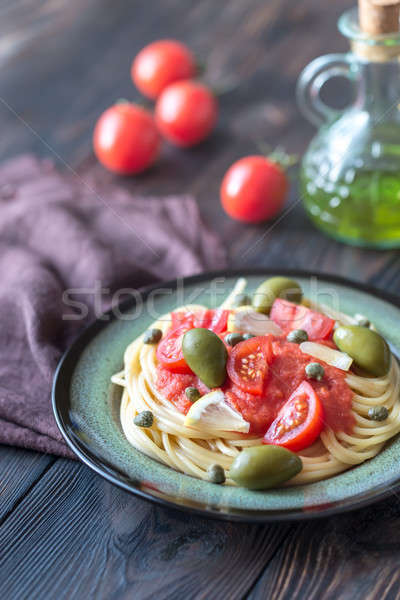 Stockfoto: Pasta · tomatensaus · olijven · plaat · voedsel · groene