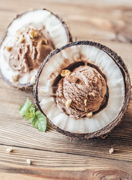 Chocolate ice cream in the coconut halves Stock photo © Alex9500