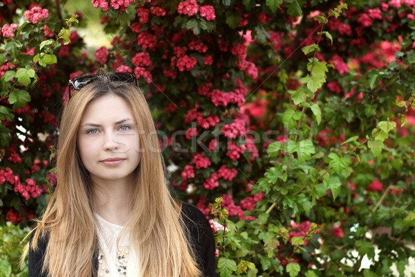 Foto d'archivio: Giovani · cute · ragazza · ritratto · bella · fiori · rossi