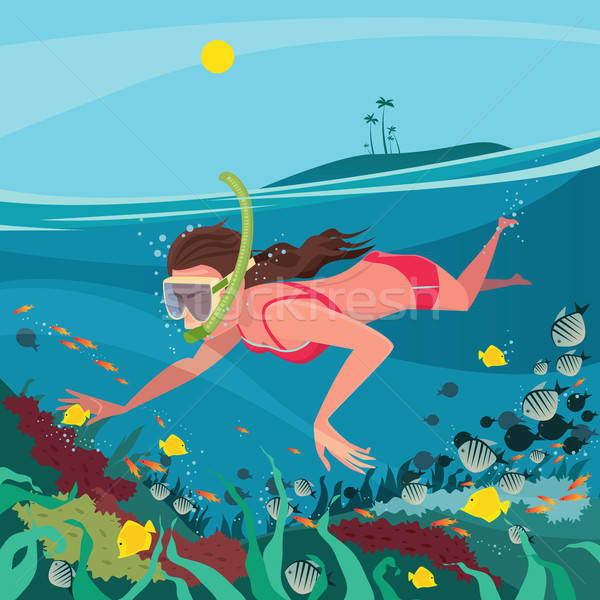 девушки Подводное плавание вокруг коралловый риф Cute красный Сток-фото © alexanderandariadna