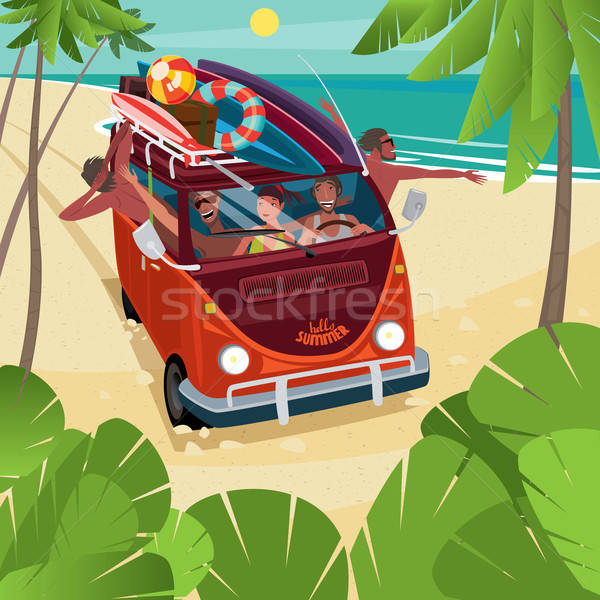 Znajomych plaży deska surfingowa funny minibus Zdjęcia stock © alexanderandariadna
