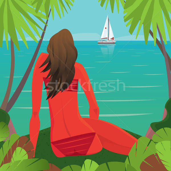 Girl sitting on the beach and watching the boat away Stock photo © alexanderandariadna