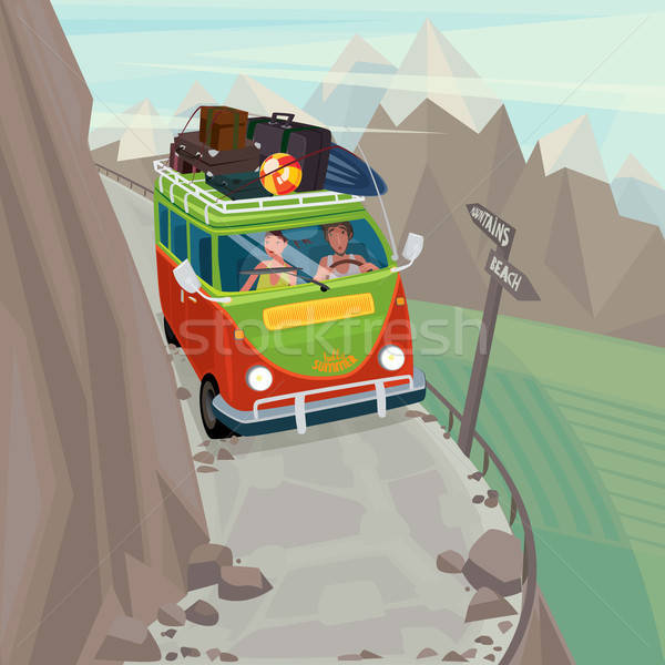 Couple in a hippie bus rides on the mountain serpentine Stock photo © alexanderandariadna