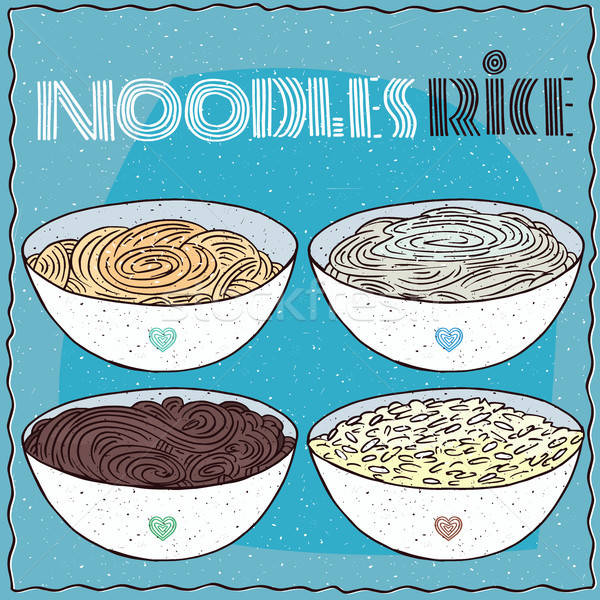 Set of four bowls with noodles and rice Stock photo © alexanderandariadna