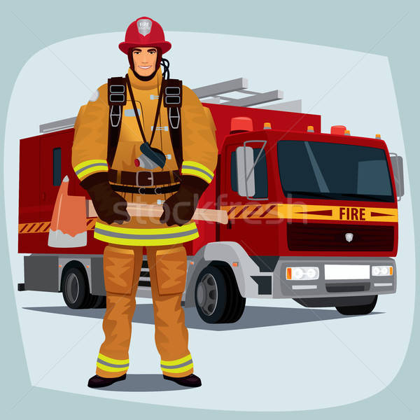 Stock photo: Firefighter or fireman with fire truck