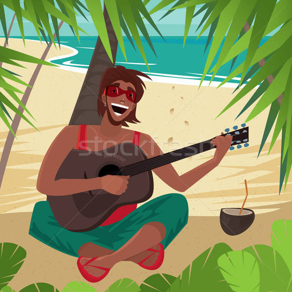 Foto stock: Cara · sessão · praia · guitarra · despreocupado · diversão