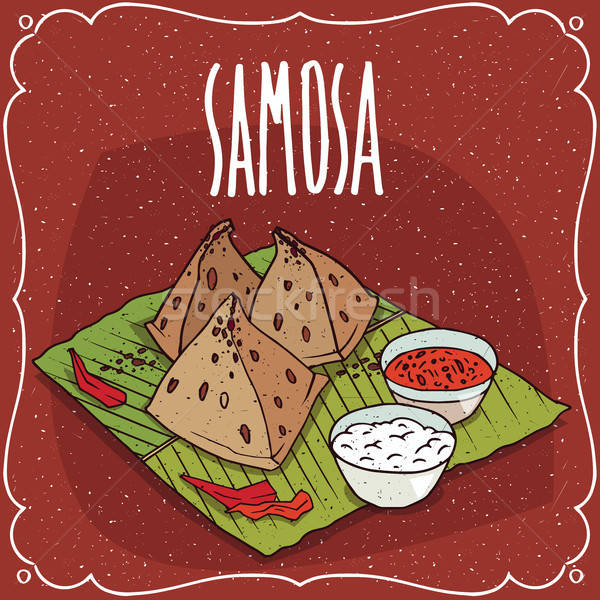 Indian snack Samosa with sauce and curd cheese Stock photo © alexanderandariadna