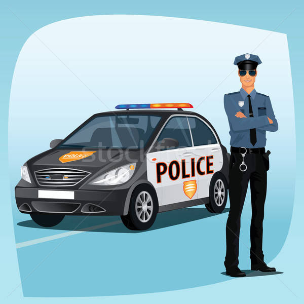 Stock photo: Police officer or policeman with patrol car