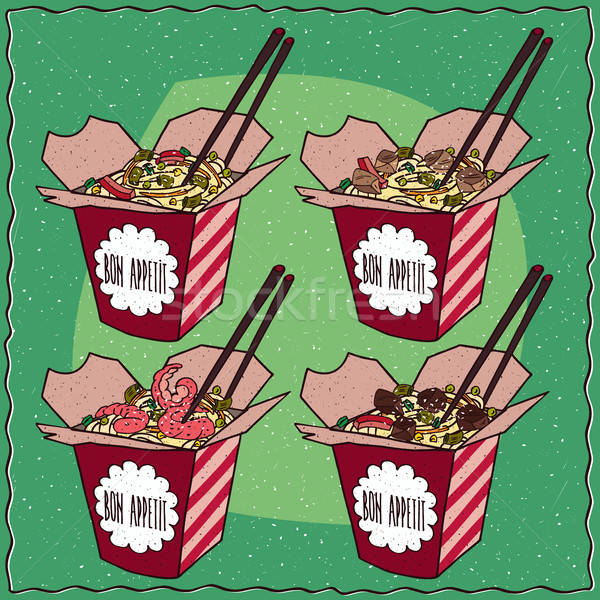Set of four Chinese noodles in red box Stock photo © alexanderandariadna
