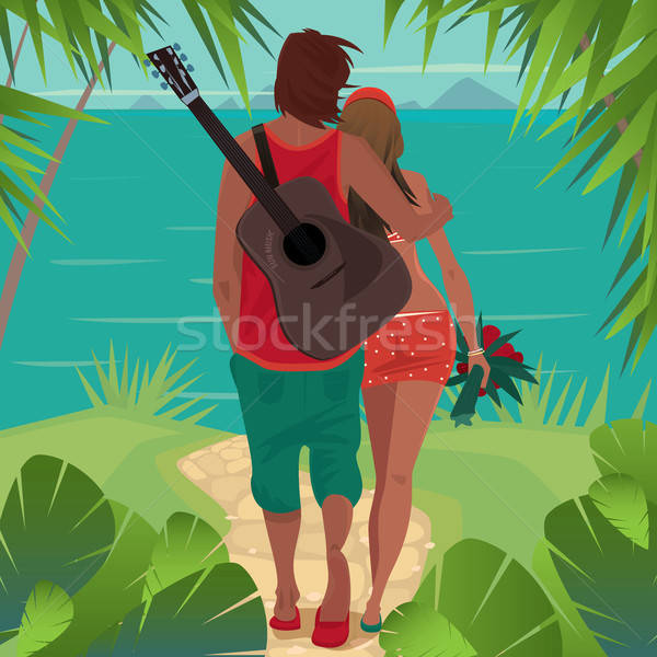 Stock photo: Romantic couple hugs on the island