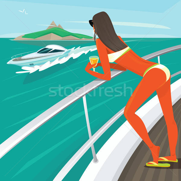 Girl in a swimsuit sunbathes standing on yacht deck Stock photo © alexanderandariadna