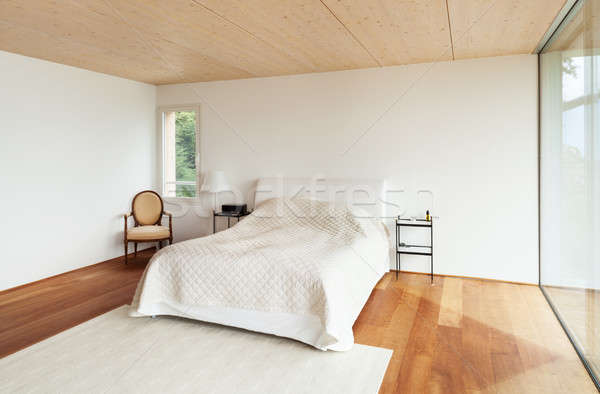 Stok fotoğraf: Modern · mimari · iç · yatak · odası · dağ · ev · manzara