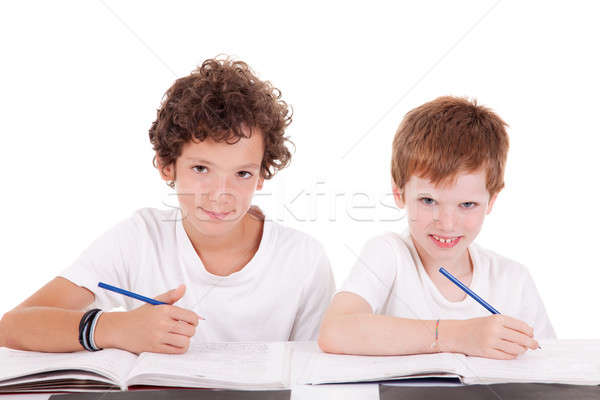 Zdjęcia stock: Dwa · studentów · farbują · piśmie · odizolowany · biały