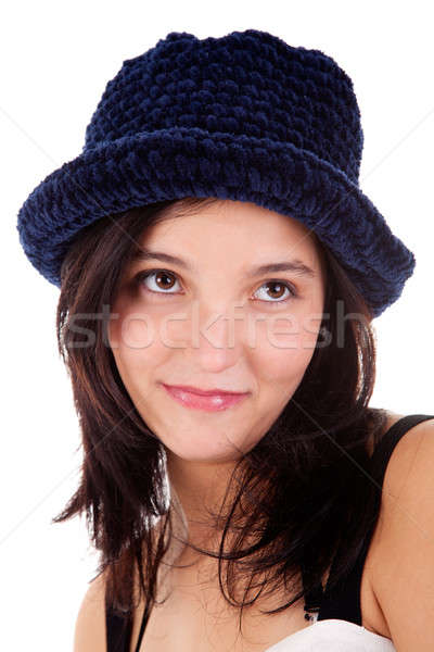 Foto stock: Belo · mulher · jovem · azul · seis · isolado · branco