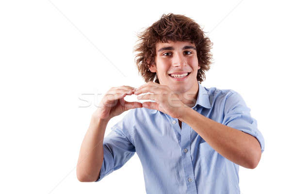 cute boy, smiling and putting hands like if was eating an hamburger Stock photo © alexandrenunes