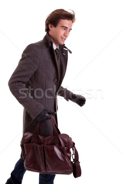 Foto stock: Retrato · moço · bolsa · roupa · isolado · branco