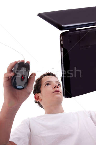 Junger Mann Laptop Ansicht unterhalb isoliert weiß Stock foto © alexandrenunes