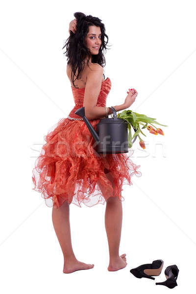 Happy and beautiful woman, with with tulips and a watering can in hand Stock photo © alexandrenunes