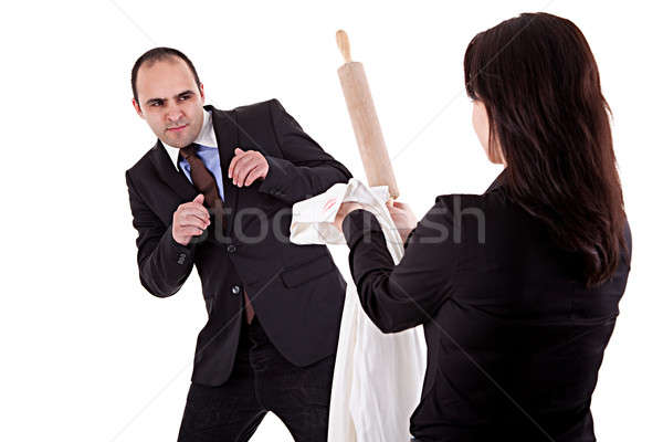 woman arguing with her husband, pointing to the rolling pin and a shirt with lipstick mark Stock photo © alexandrenunes
