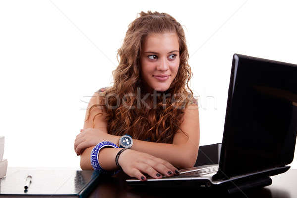 beautiful and happy blonde young woman,looking to computer Stock photo © alexandrenunes