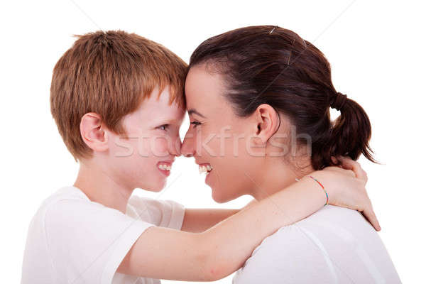 Foto stock: Madre · hijo · mejilla · aislado · blanco