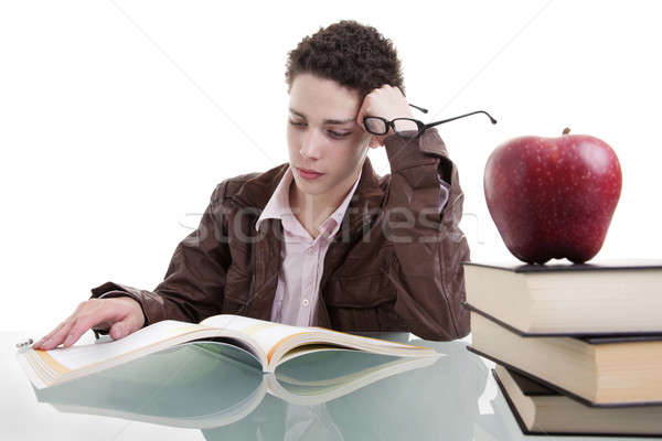 Foto stock: Bonitinho · menino · estudar · pensando · um · maçã