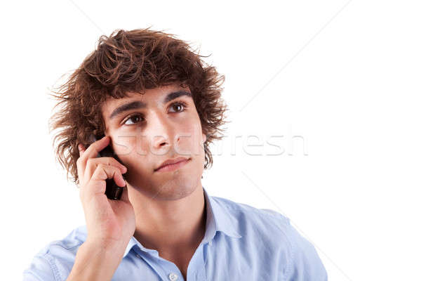 Foto stock: Moço · telefone · isolado · branco · olhos · fundo