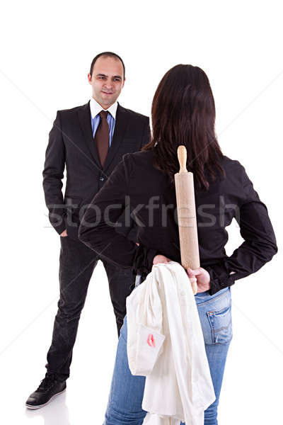 woman waiting for her husband, with the rolling pin and a white shirt with lipstick mark hidden behi Stock photo © alexandrenunes