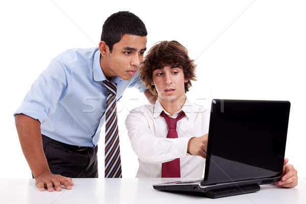 Stock fotó: Kettő · fiatal · üzletemberek · együtt · dolgozni · laptop · izolált