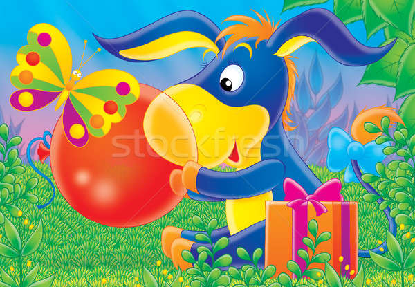Aniversário engraçado burro vermelho balão grama Foto stock © AlexBannykh