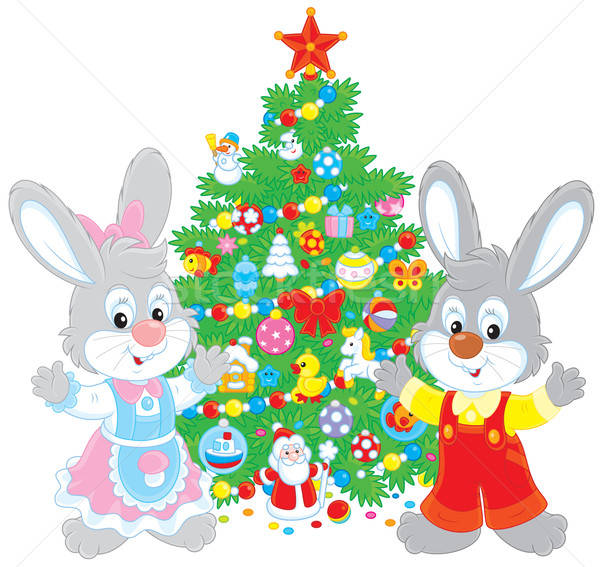 Rabbits and Christmas tree Stock photo © AlexBannykh
