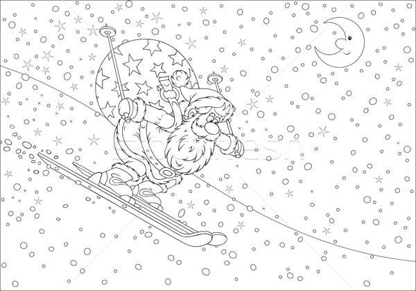 Foto stock: Papai · noel · esquiador · noite · natal · esqui · para · baixo