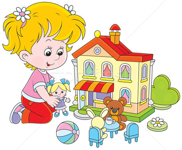 Girl with a doll and toy house Stock photo © AlexBannykh