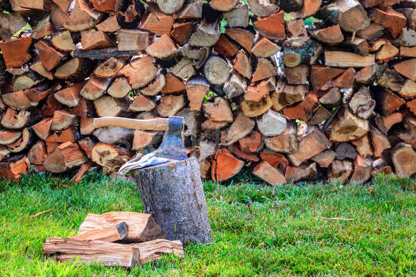 Brandhout bijl gras werk tool Stockfoto © alexeys