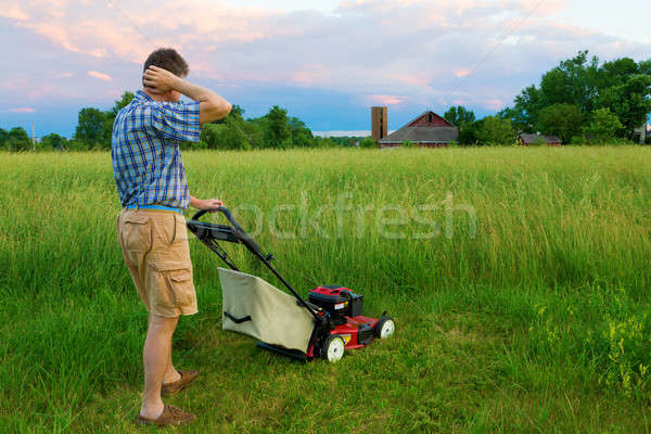 Pracy człowiek dziedzinie wysoki trawy niebo Zdjęcia stock © alexeys