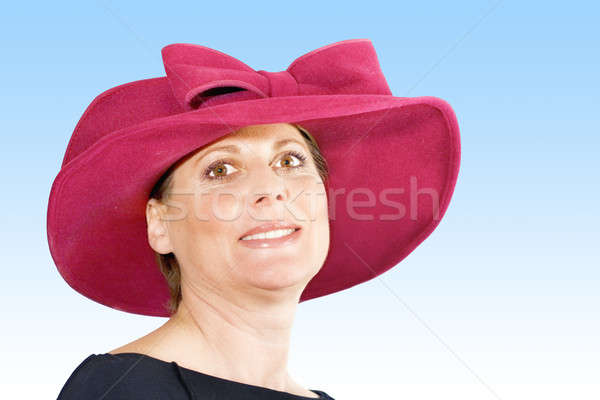 Vrouw hoed portret kastanjebruin Blauw Stockfoto © alexeys