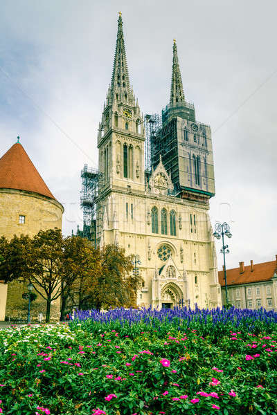 Catedrală Zagreb vedere pat de flori prim plan oraş Imagine de stoc © alexeys