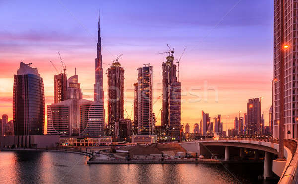 Dubai belváros sziluett festői kilátás naplemente Stock fotó © alexeys
