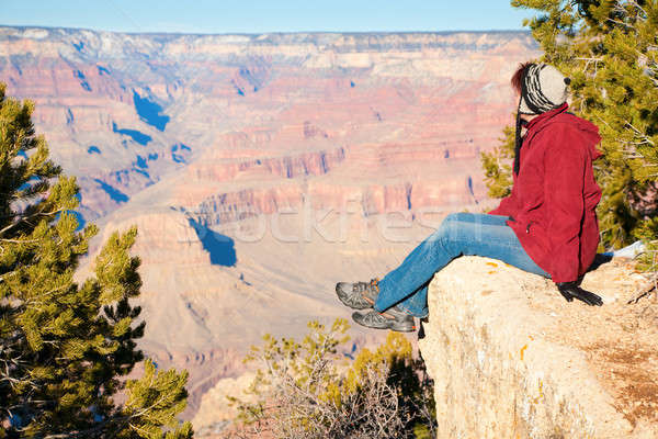 Bewondering vrouw vergadering rand grand Canyon genieten Stockfoto © alexeys