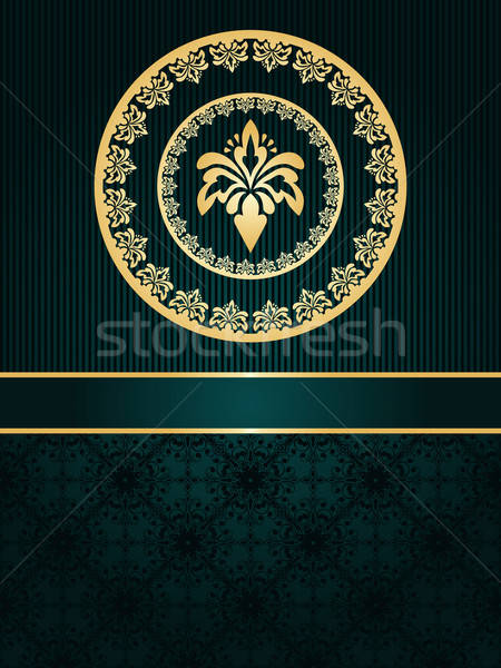 Stock photo: Vector greeting card with golden frame on vintge seamless patter